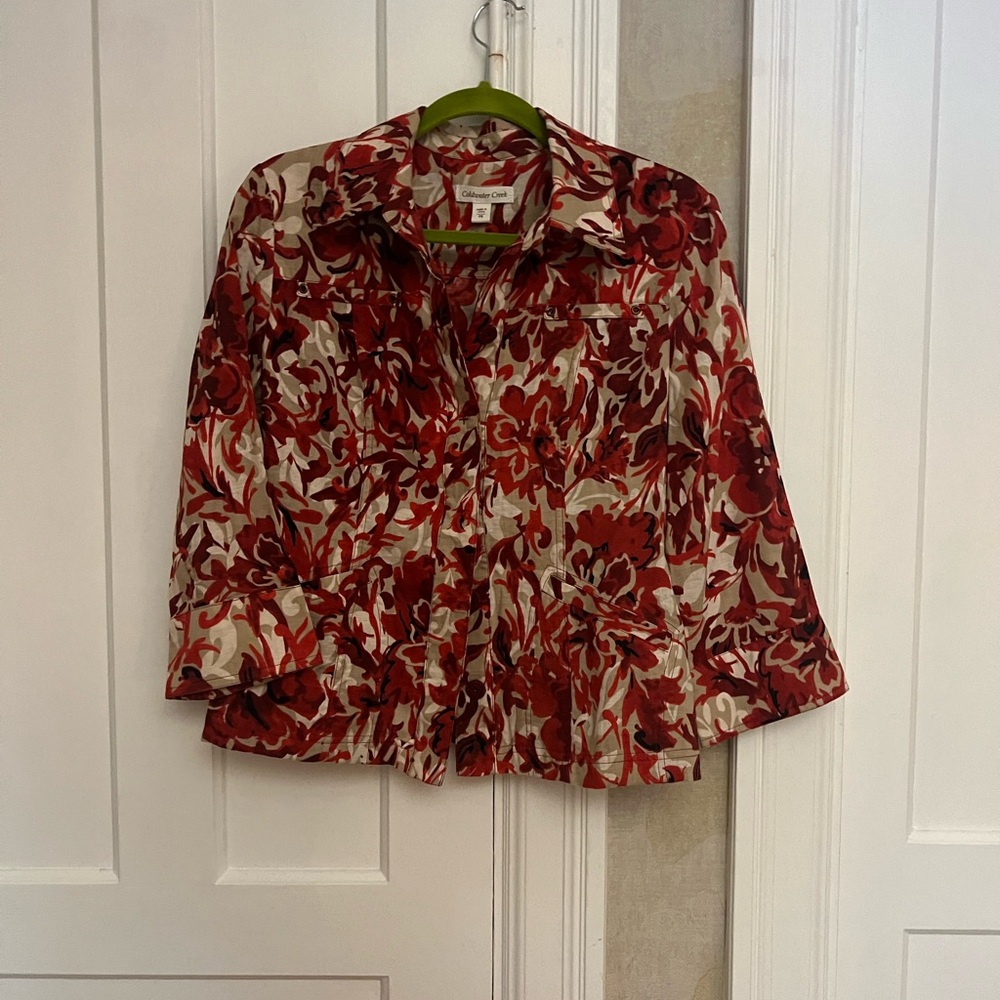 Coldwater Creek linen blend Red and Cream Floral Blouse/jacket